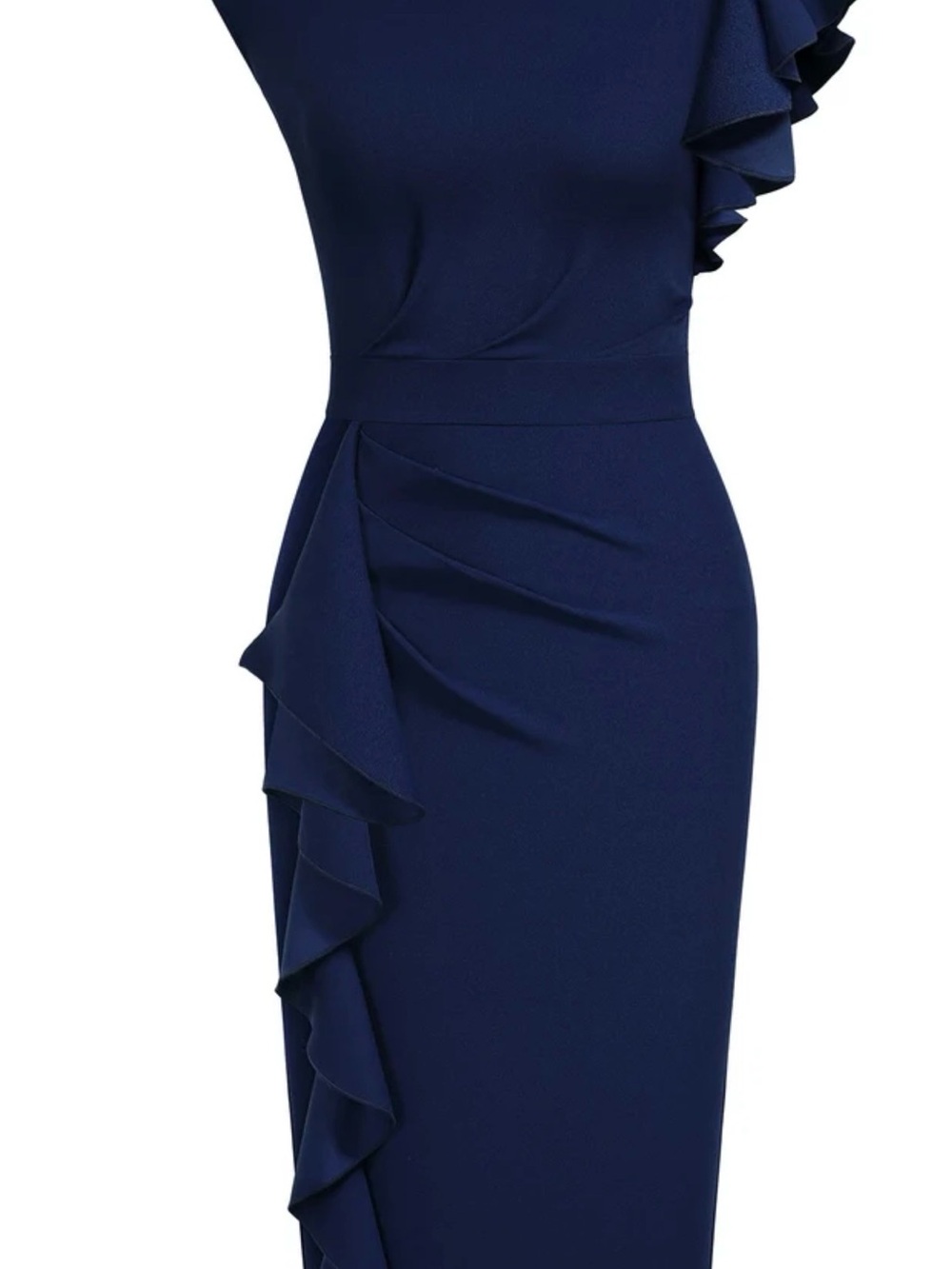 One-Shoulder Navy Ruffle Sheath Dress - Sophisticated Evening Wear